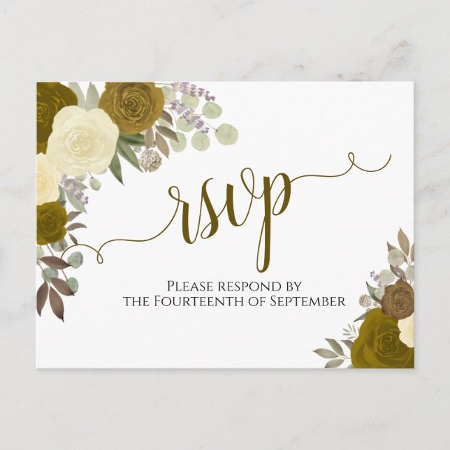 Postal Elegante Rosas de acuarela dorada Boda RSVP (Anverso)