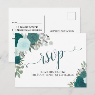 Postal Elegante Rosas de acuarela Verde azulada Boda RSVP