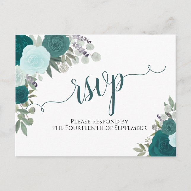 Postal Elegante Rosas de acuarela Verde azulada Boda RSVP (Anverso)
