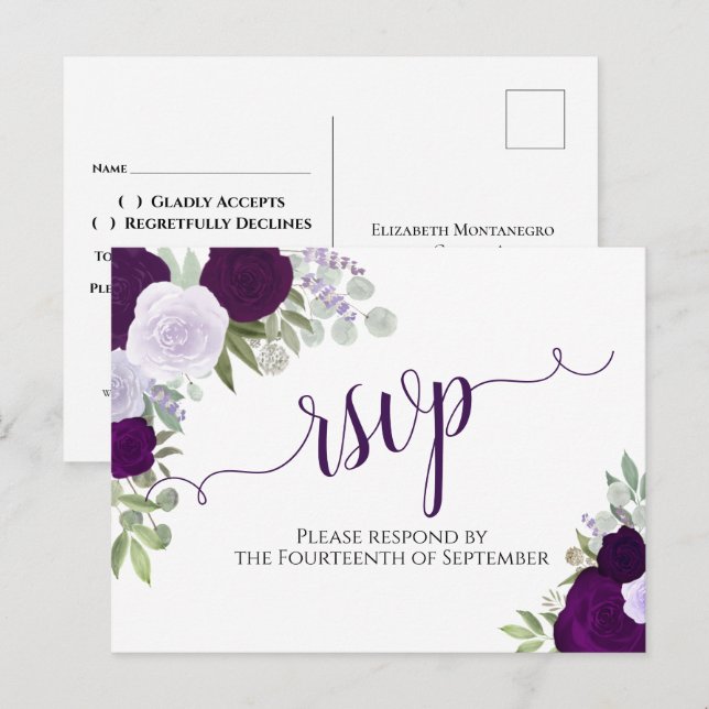 Postal Elegante Rosas de color morado matrimonio RSVP (Anverso / Reverso)