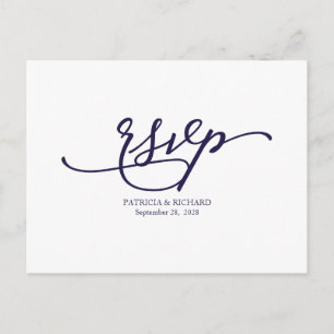 Postal Elegante RSVP de boda con caligrafía azul marino
