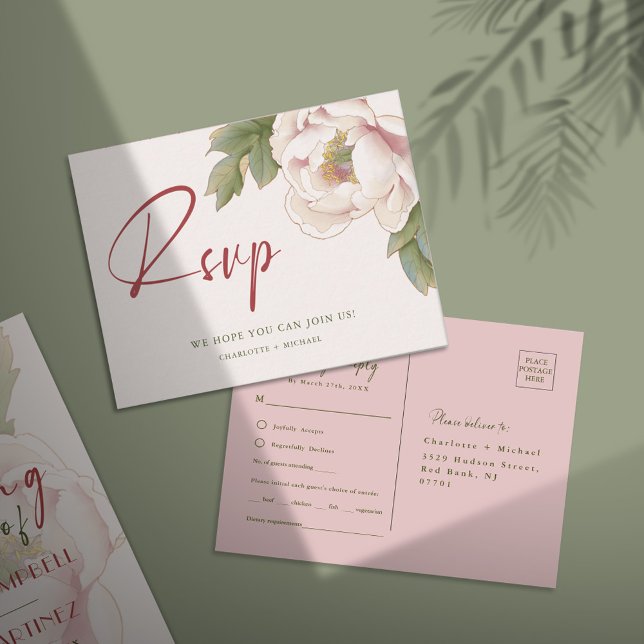Postal Elegante RSVP de Flor de Peón Rosa de Rubor (Subido por el creador)