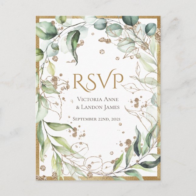 Postal Elegante RSVP Purpurina de Oro de Verdor Rústico (Anverso)