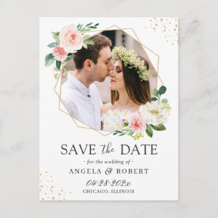 Postal Elegante Rubor Floral Gold Geometric Save the Date