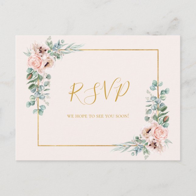Postal Elegante Rubor Floral | Pastel Wedding RSVP (Anverso)