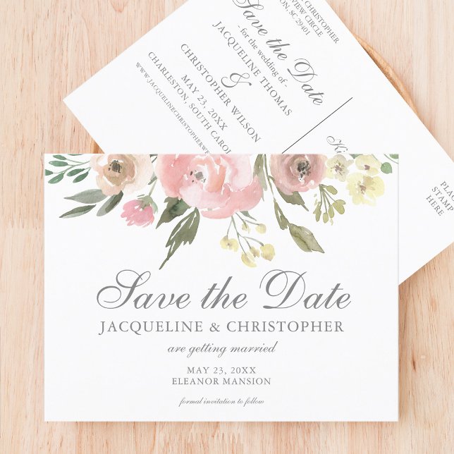 Postal Elegante Rubor Pink Floral Garden Save the Date (Subido por el creador)