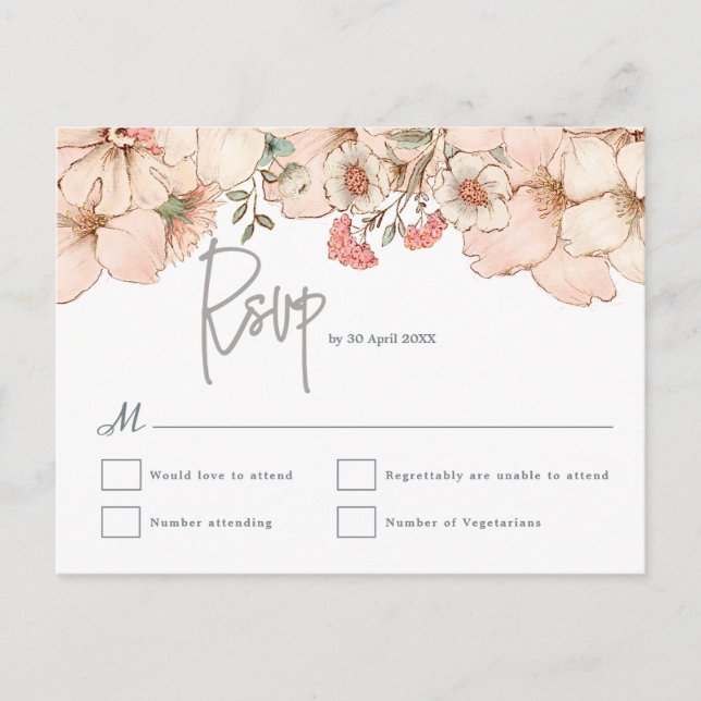 Postal Elegante Rubor Pink Floral Gray Script Wedding RSV (Anverso)