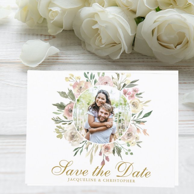 Postal Elegante Rubor Pink Floral Photo Gold Salvar La Fe (Subido por el creador)