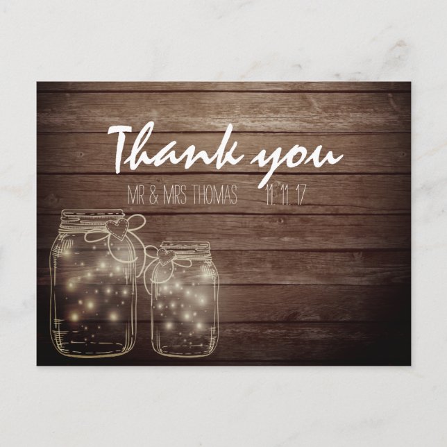 Postal Elegante Rústico Mason Jar Lights Gracias Postcard (Anverso)
