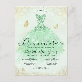 Postal Elegante Sage Green Gold Purpurina Gown Quinceaner