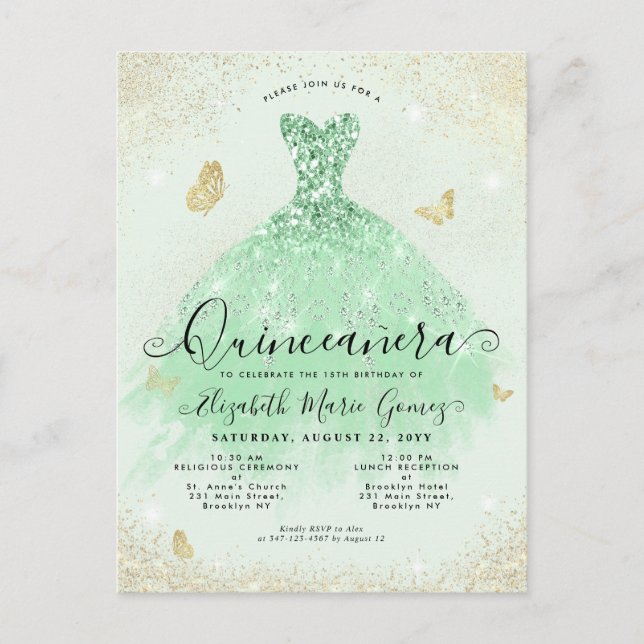 Postal Elegante Sage Green Gold Purpurina Gown Quinceaner (Anverso)