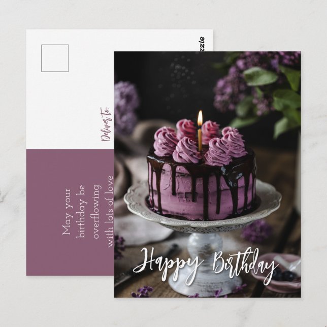 Postal Elegante saludo de cumpleaños de torta de Lilac (Anverso / Reverso)