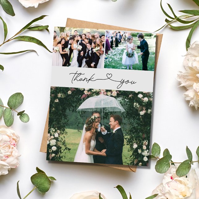 Postal Elegante Script 3 Photo Boda Gracias (Elegant Script 3 Photo Wedding Thank You Postcard)