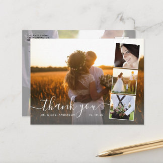 Postal Elegante Script 4 Collage de fotos Boda Gracias