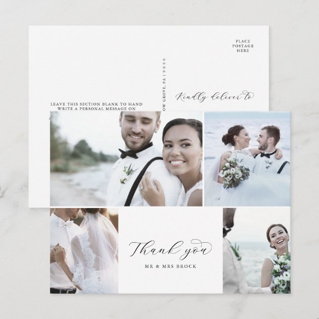 Postal Elegante Script 4 Collage de fotos Boda Gracias (Anverso / Reverso)