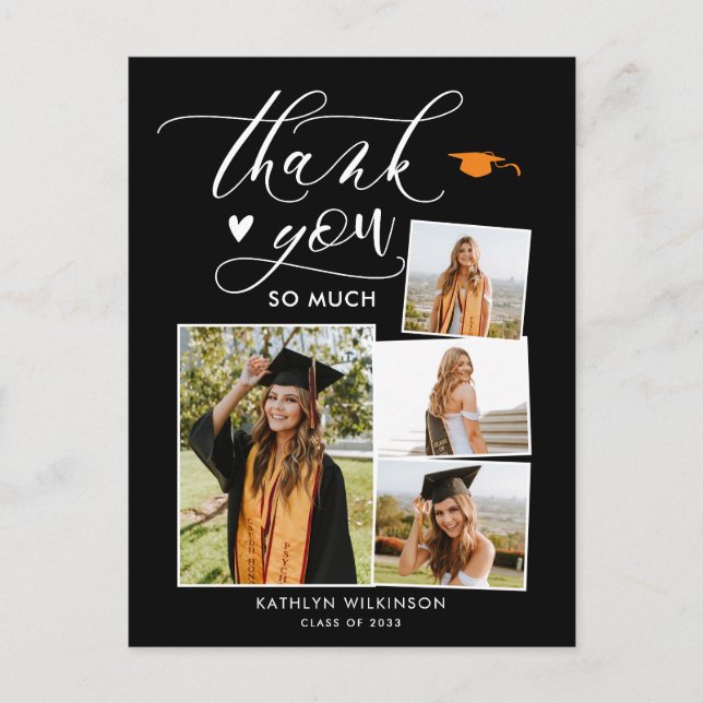 Postal Elegante Script Black 4 Photo Graduation Gracias (Anverso)