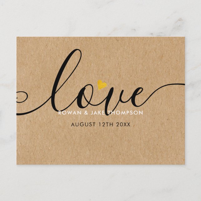 Postal Elegante Script Gold Heart Gracias Rustic Kraft (Anverso)