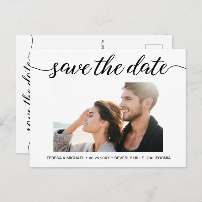 Postal Elegante Script Photo Engagement Save The Date (Anverso / Reverso)