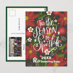 Postal Elegante Script Red Poinsettia Green Photo Busines