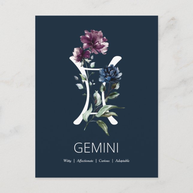 Postal Elegante signo de estrella zodiaca floral Gemini (Anverso)