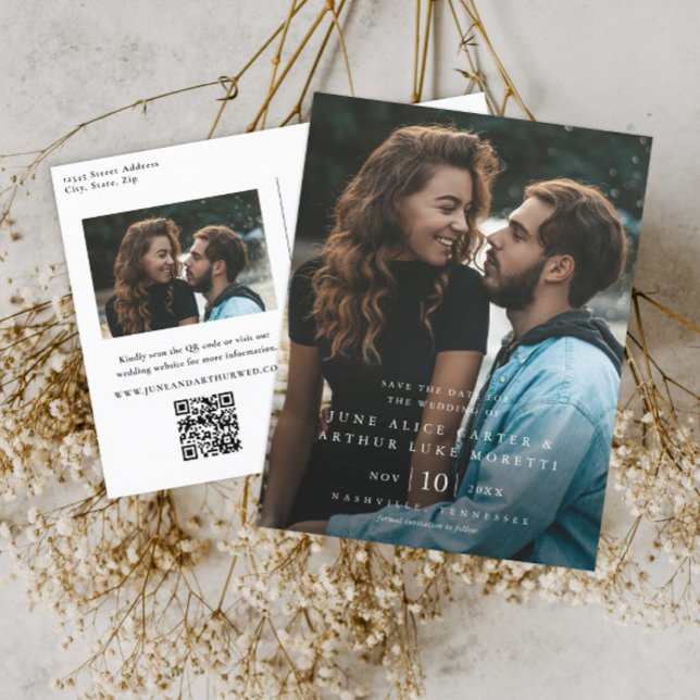 Postal Elegante simple matrimonio de fotos salva la fecha (Simple typographic photo wedding save the date with QR Code postcard.)