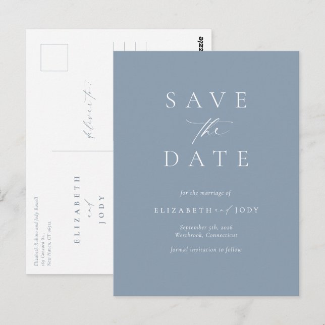 Postal Elegante Simple Save The Date Azul Polvoriento (Anverso / Reverso)