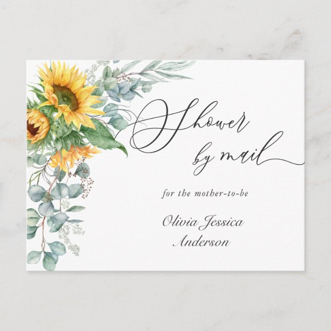 Postal Elegante Sunflower Eucalyptus Baby Shower Por Corr (Anverso)