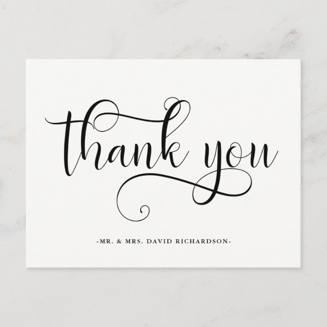 Postal Elegante Swirls | Gracias Boda blanco y negro (Anverso)