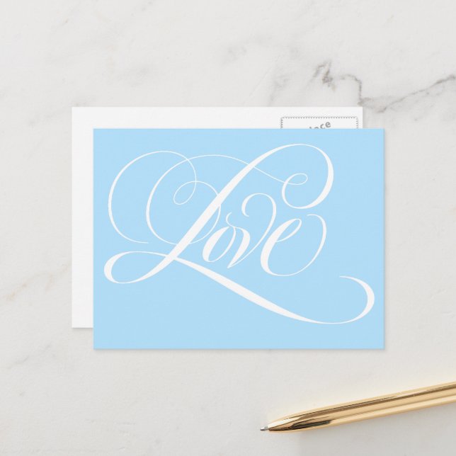 Postal Elegante Swirly Calligraphy LOVE Boda Azul (Anverso/Reverso In Situ)