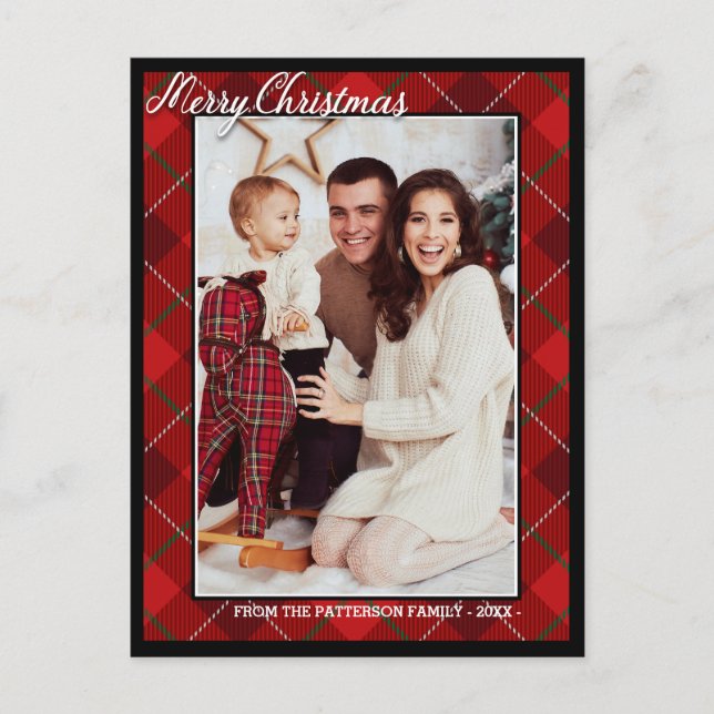 Postal Elegante Tartan Style Merry Christmas Family Photo (Anverso)