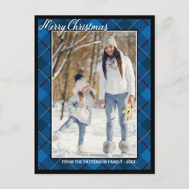 Postal Elegante Tartan Style Merry Christmas Family Photo (Anverso)