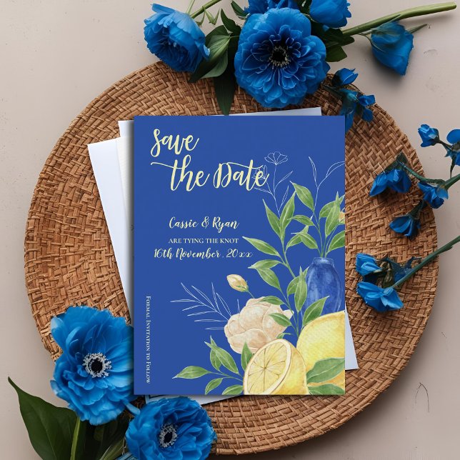 Postal Elegante tema de flores azules y limón Guardar la  (Elegant Blue Flowers & Lemon Theme Save the Date Postcard)