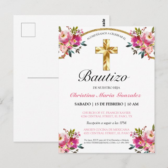 Postal Elegante Tinta Floral Bautizo Cruz De Oro (Anverso / Reverso)