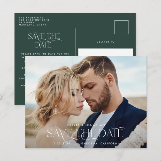 Postal Elegante tipografía fotografía verde única moderna (Anverso / Reverso)