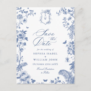 Postal Elegante Toile de Francia Azul Bodas Save the Date