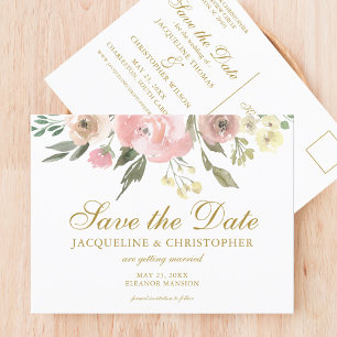 Postal Elegante tono rosa con flores doradas para salvar 