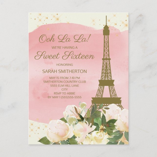 Postal Elegante Torre Eiffel de Oro Rosa Paris Sweet 16 (Anverso)