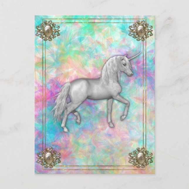 Postal Elegante unicornio con arco iris monogramado (Anverso)