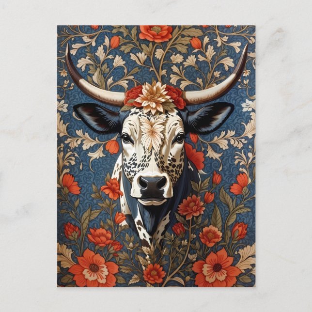 Postal Elegante Vaca Nguni Inspirada por William Morris (Anverso)