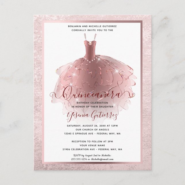 Postal Elegante vestido de Quinceañera de oro rosa (Anverso)