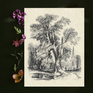 Postal Elegante Vintage Black White Church País Inglés