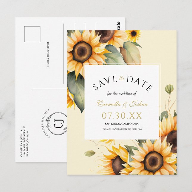 Postal Elegante Watercolor Sunflower Boho Ahorra La Fecha (Anverso / Reverso)