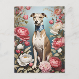 Postal Elegante Whippet Pink Peony Flores fondo azul