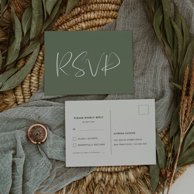 Postal Elegante y moderno RSVP de boda verde sabio oscuro (Subido por el creador)