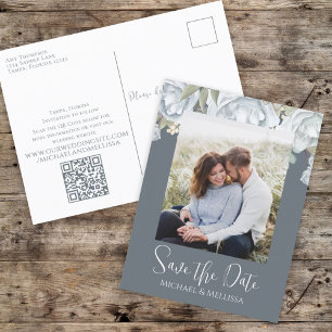 Postal Elegante y simple Boda floral azul turbio código Q