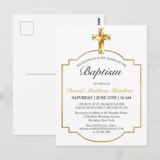 Postal Elegante y simple cruz de oro chicos bautizo invit (Anverso / Reverso)