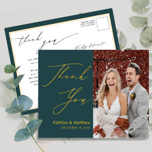 Postal Elegante y verde guión dorado Boda moderno Gracias
