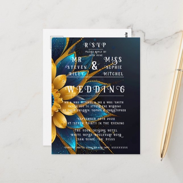 Postal Elegante zafiro y Boda floral de oro (Anverso/Reverso In Situ)