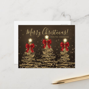 Postal Elegantes árboles de Navidad dorados con lazos roj