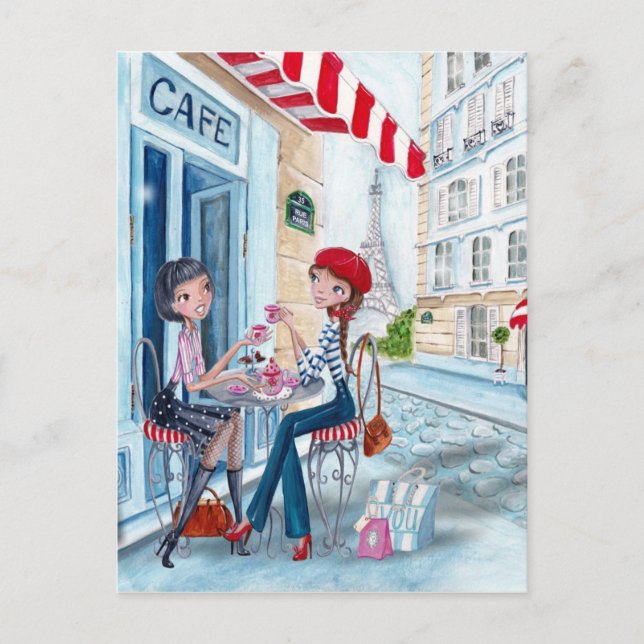 Postal Elegantes chicas de té azul y rojo en París (Anverso)